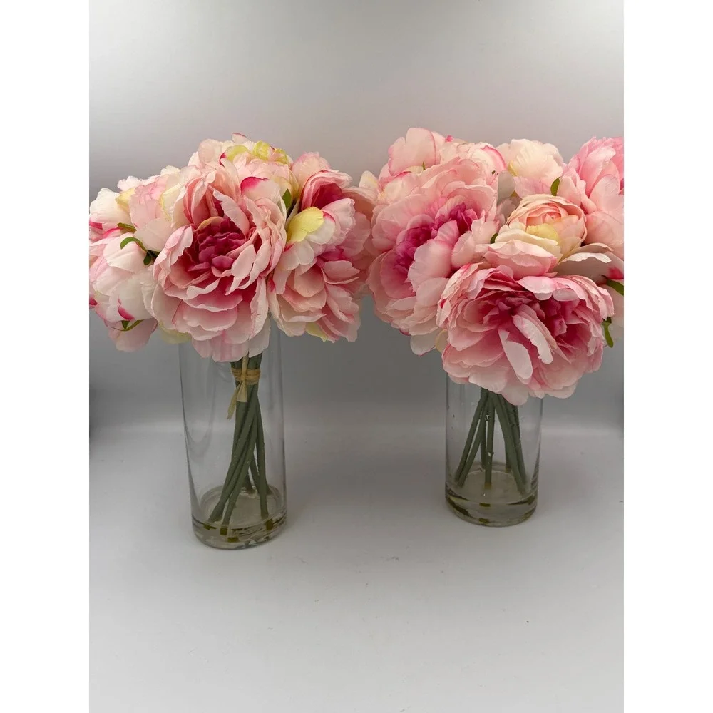 Set of 2 Faux Pink Peony Silk Flower Arrangements in Glass Vases with Faux Water